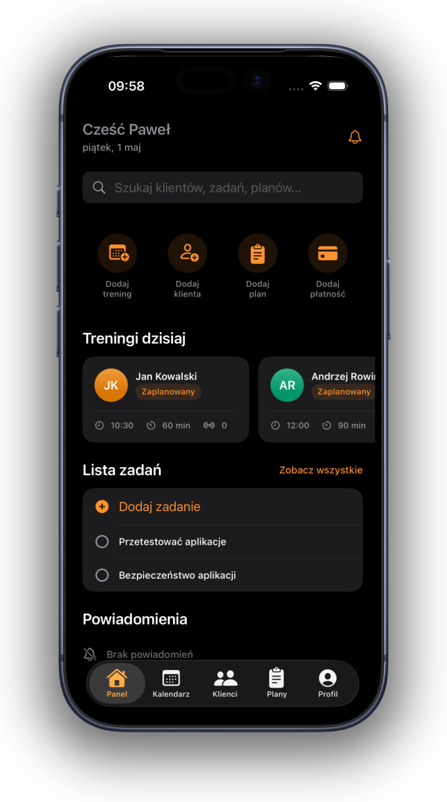 Aplikacja Trensio na iPhonie - panel trenera z dzisiejszymi treningami i listą zadań