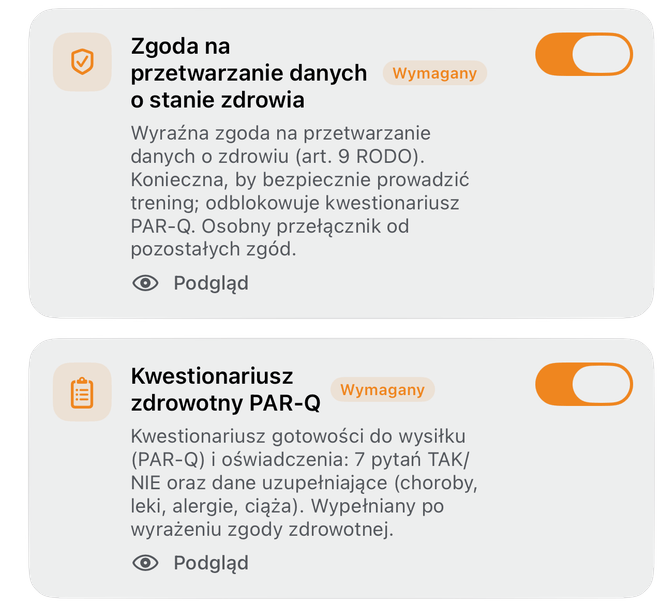 Wybór dokumentów prawnych do wysłania podopiecznemu - przełączniki zgód