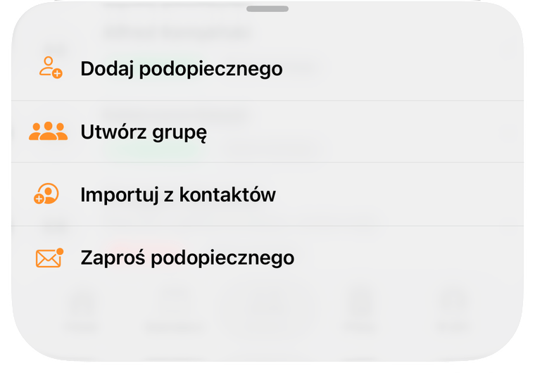 Menu dodawania podopiecznego z opcją „Zaproś podopiecznego” w aplikacji Trensio