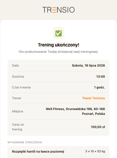 E-mail z podsumowaniem ukończonego treningu wysłany do podopiecznego