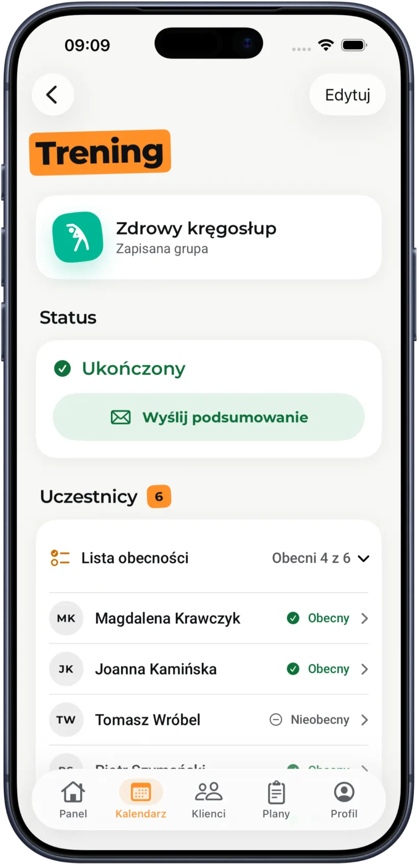 Trening grupowy z listą obecności w Trensio